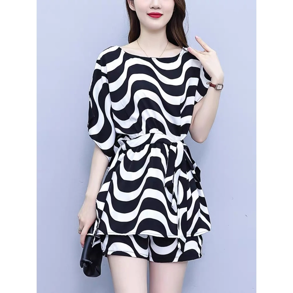 A2243断码条纹波浪时尚爆款套装连衣裙+短裤两件套（M码95-115）