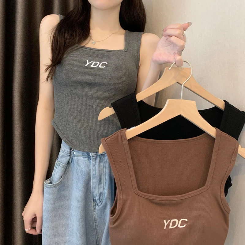 纯棉螺纹方领T恤女刺绣吊带背心夏季新款无袖修身短款短袖上衣女