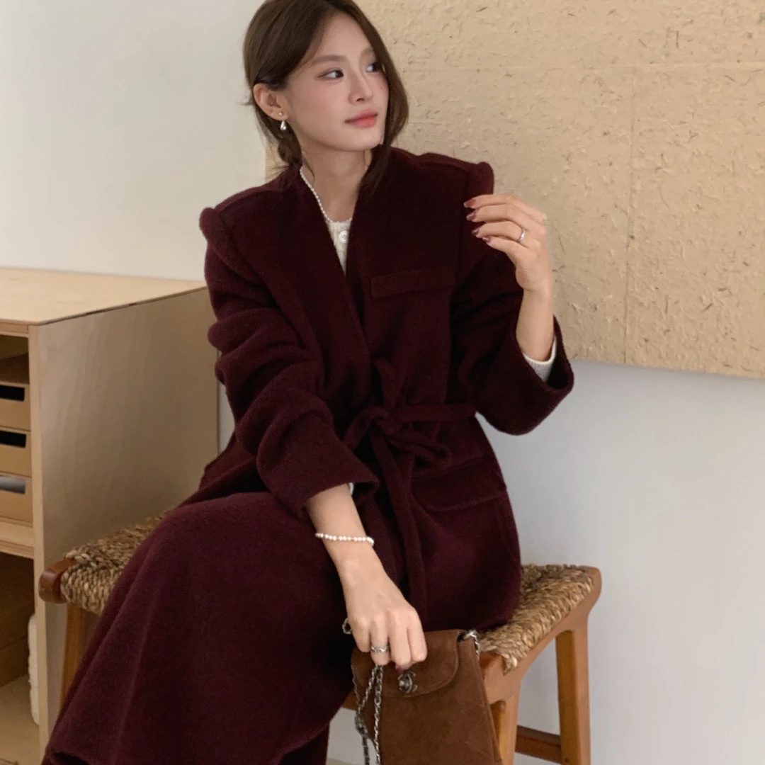 2024新款韩版大爱极简款手缝羊毛大衣套装高支100%羊毛显瘦洋气