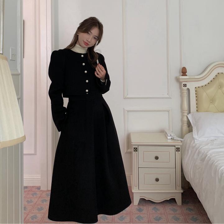 韩版东大门大爱极简款手缝珍珠扣大衣双面呢秋冬套装温柔气质粉色