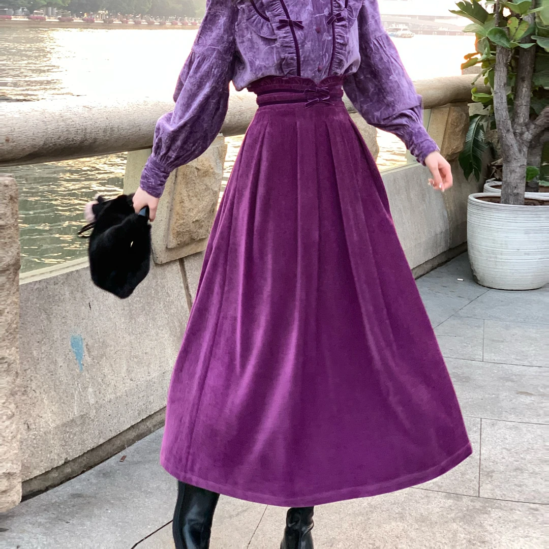 现货一生罗曼【葡萄系列】复古港风高级感木耳边加厚百褶半身裙B976