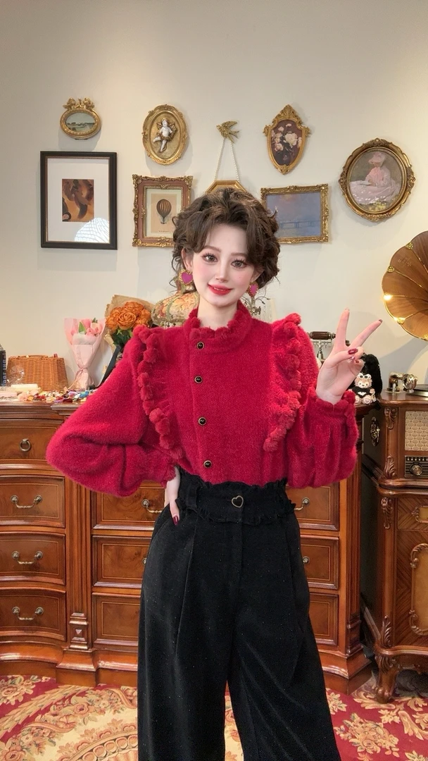 （现货）一生罗曼【果然多】加绒加厚复古斜襟设计感衬衫Y4480