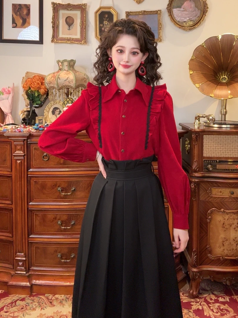 一生罗曼【红晕】复古加厚港风气质通勤高级感荷叶边衬衫Y4114
