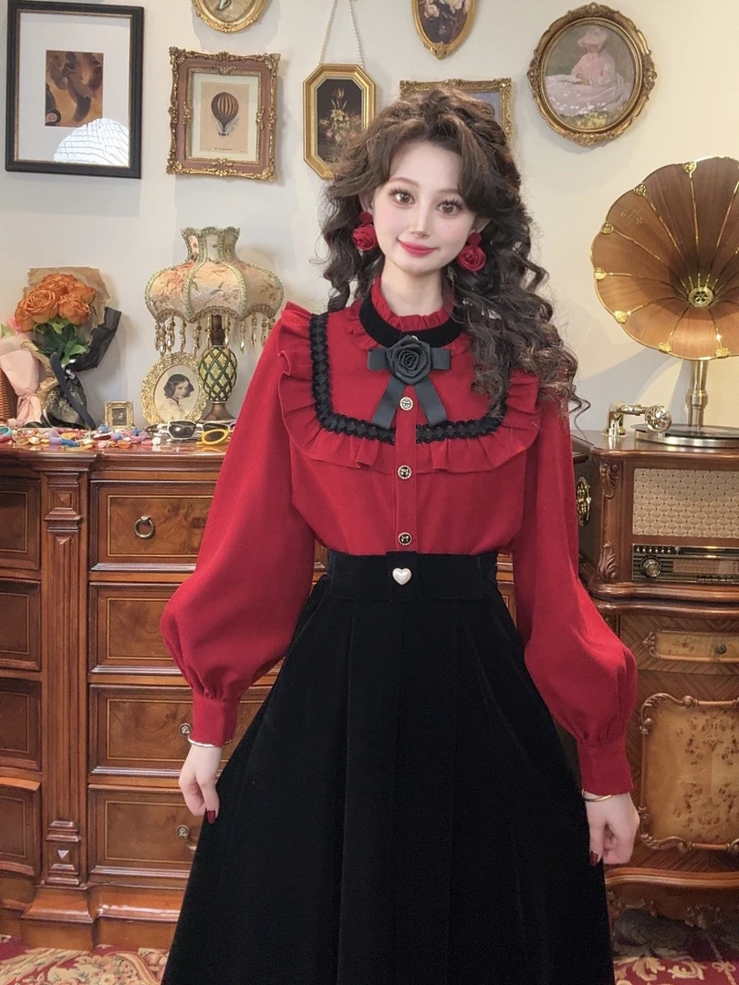 一生罗曼【圣诞心愿】法式复古木耳边时尚洋气撞色衬衫Y4312