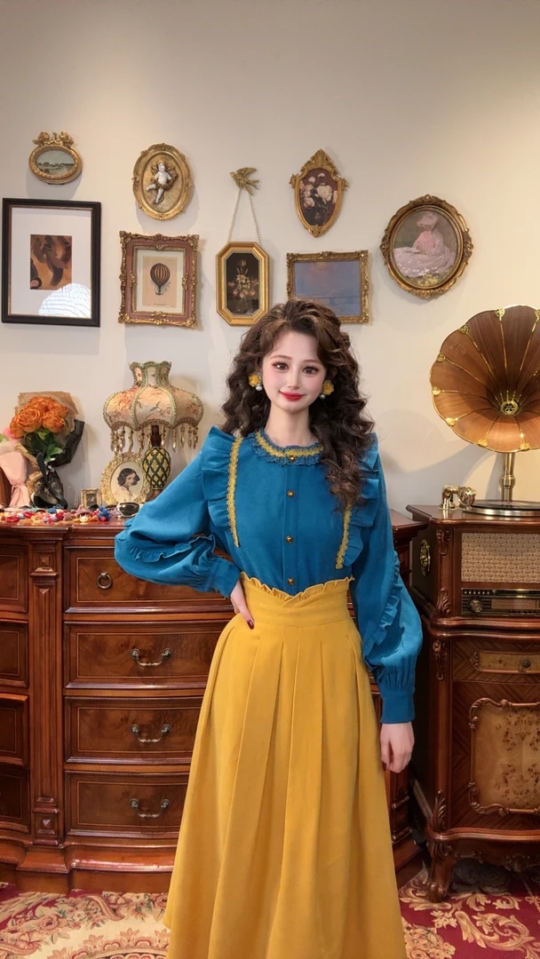 （现货）一生罗曼【白雪公主】别致撞色花边设计感木耳边衬衫Y4290