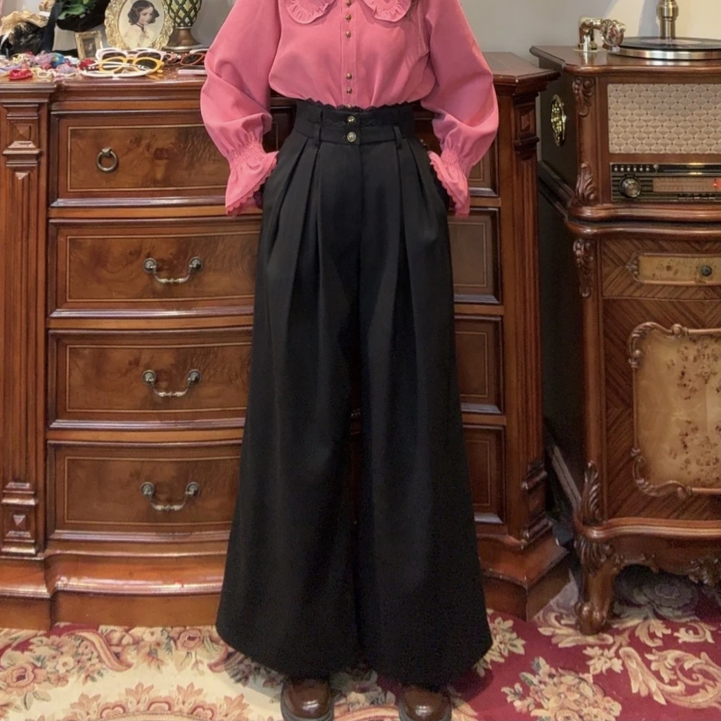 现货【一生罗曼】加厚设计感松紧腰头花边复古通勤垂感阔腿长裤K469