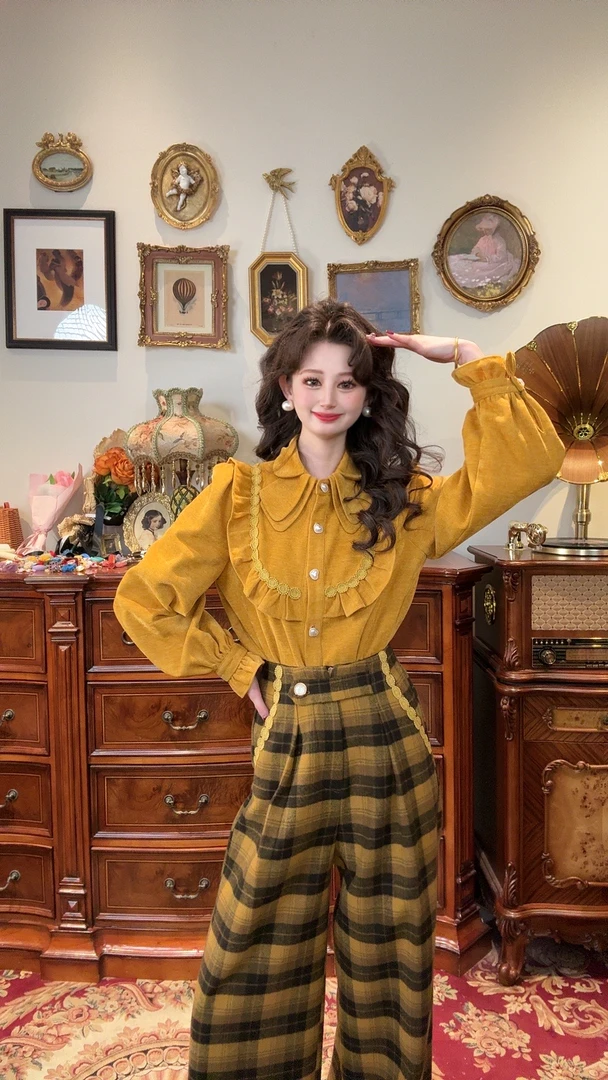 一生罗曼【大橘子】秋冬加厚设计感荷叶边叠领衬衫Y4339