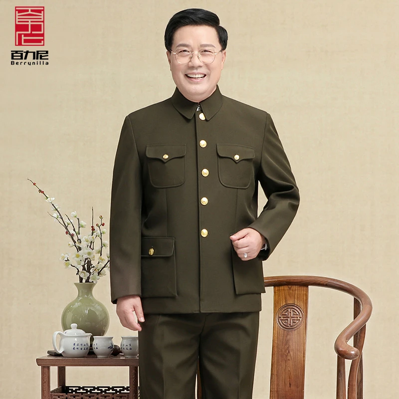 军绿男中老年人高档爸爸套装中山服春秋立领爷爷中山装外套
