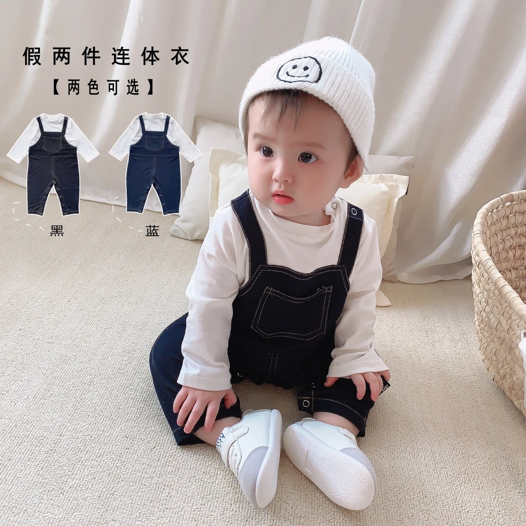 春秋款婴幼儿童装连体衣男宝宝哈衣假两件女童背带爬服儿童连身衣