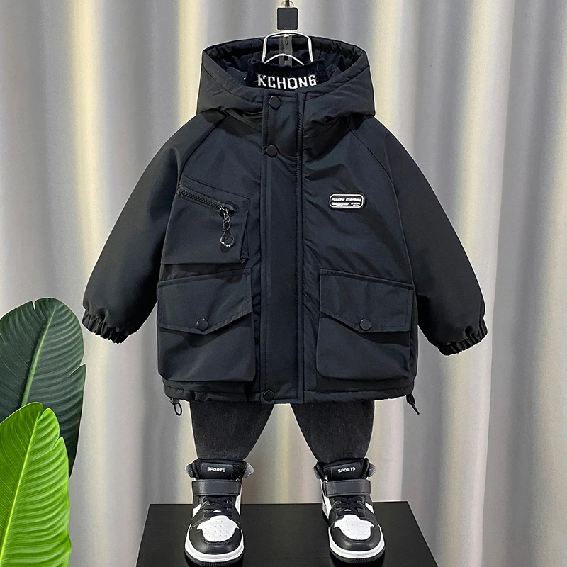 儿童装男童加绒棉衣外套冬装2023新款加厚秋冬季棉衣派克服棉袄潮