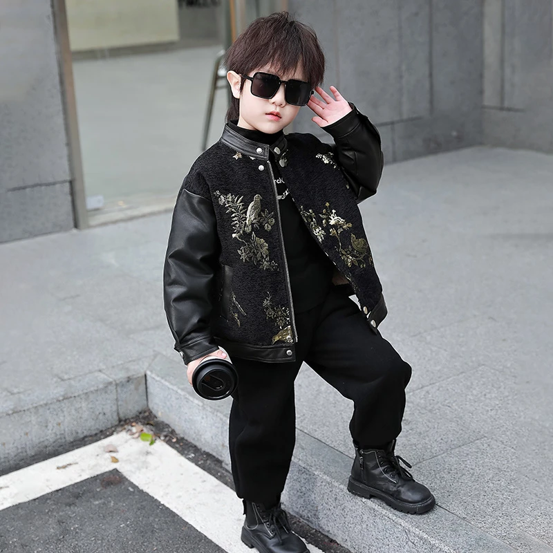 男童加绒外套秋冬款2025新款儿童酷帅国风皮衣冬装男宝宝加厚棉服