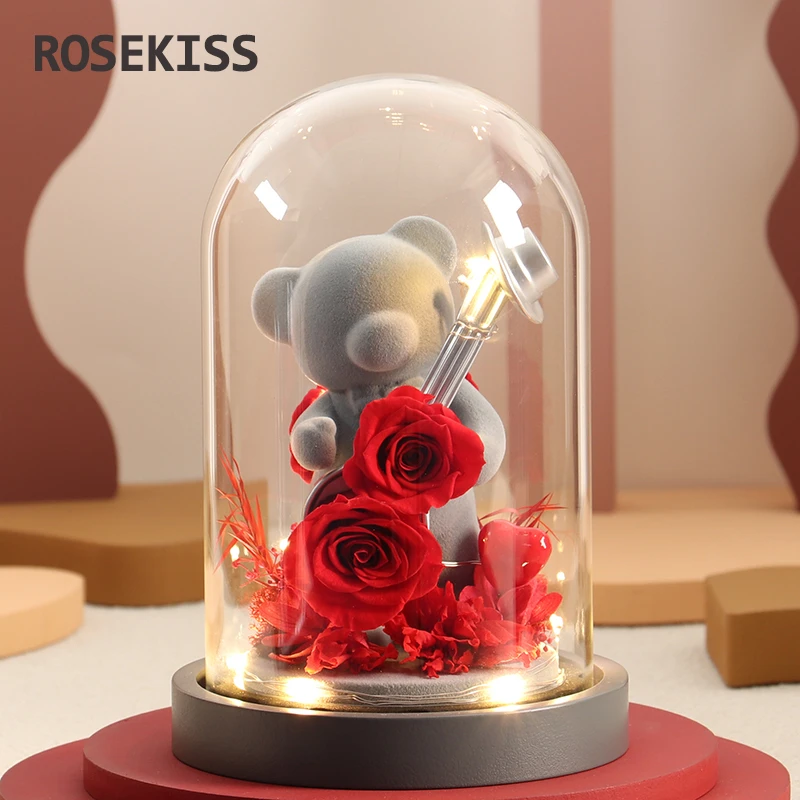 Rosekiss永生花玫瑰小熊礼盒情人节礼物送女友生日结婚周年纪念品