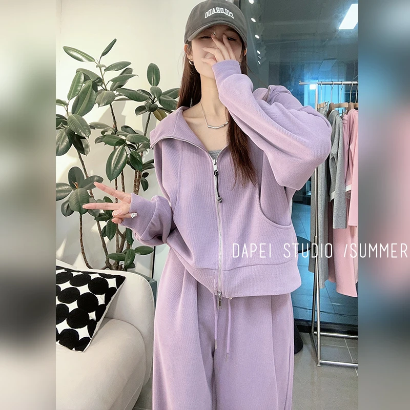 春秋韩系慵懒风显瘦连帽套装设计感宽松春季洋气上衣炸街+阔腿裤