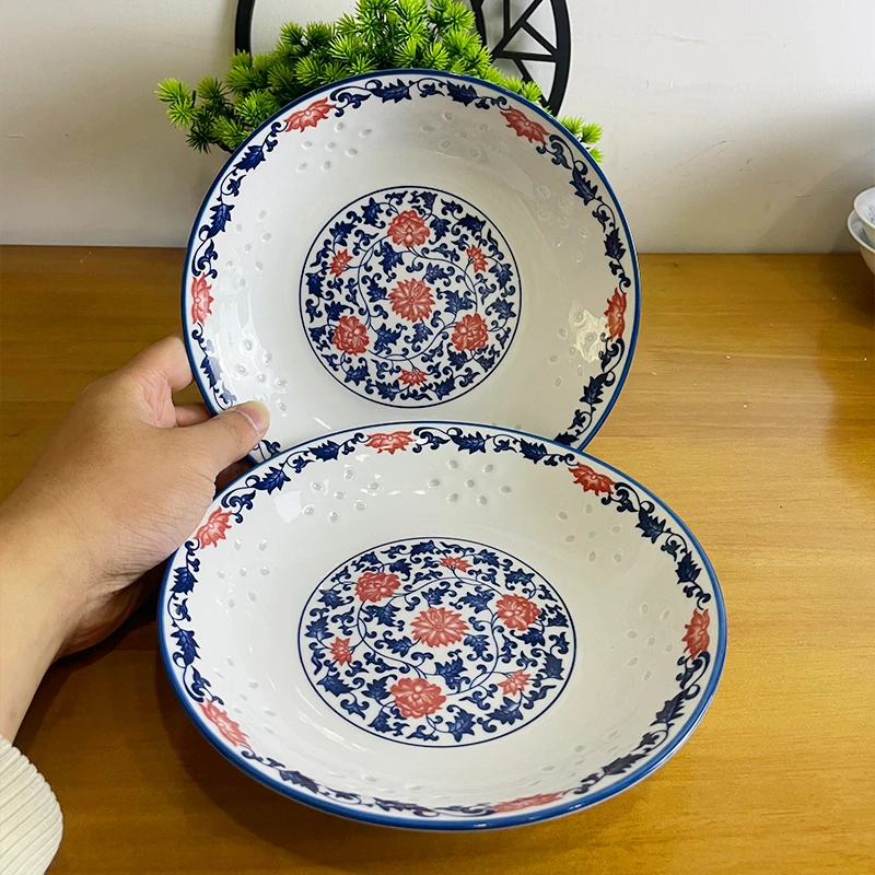 正宗景德镇青花釉里红玲珑8英寸陶瓷汤盘2块装