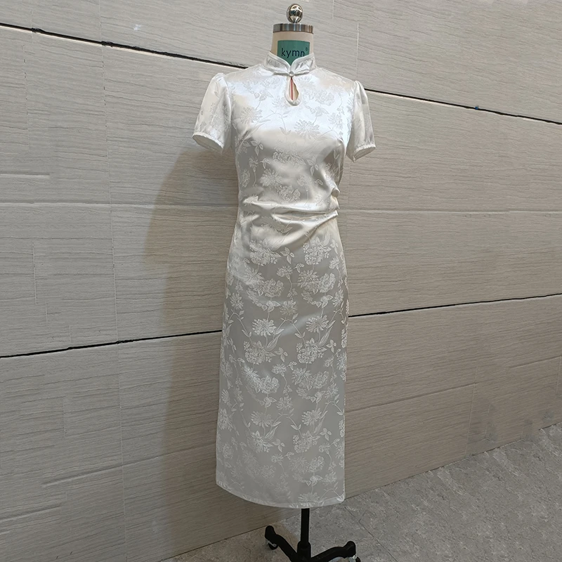 kymn原创新中式改良旗袍显瘦气质黑色白色时尚国风提花夏季连衣裙