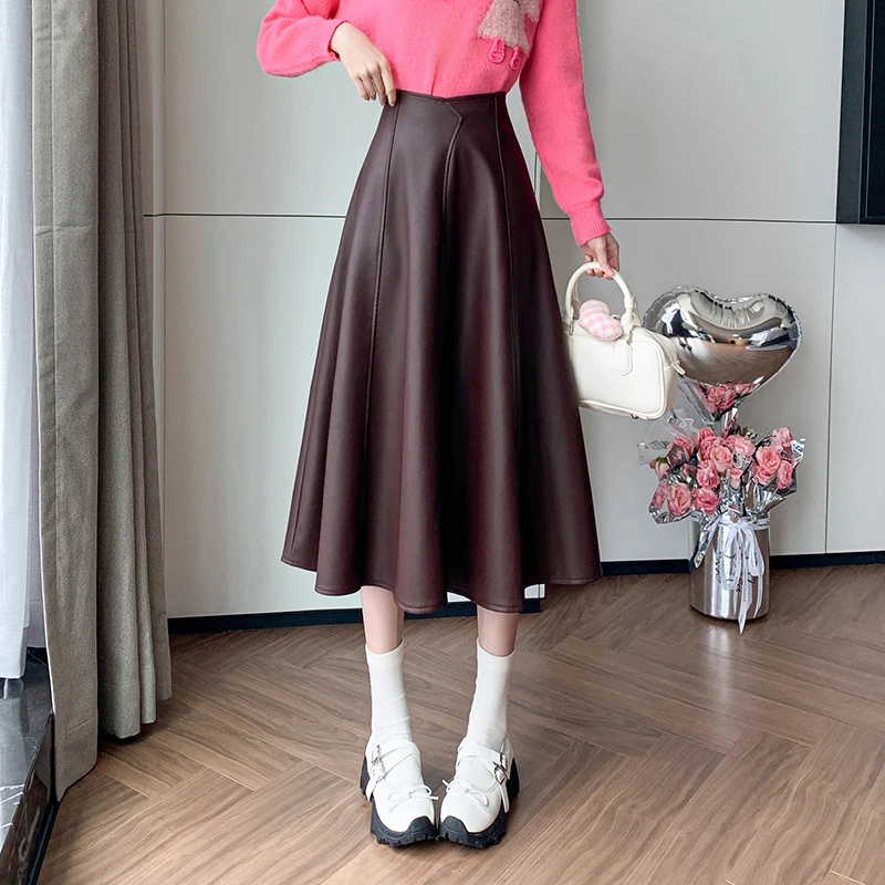 pu皮半身裙女22025秋冬大摆皮裙高腰中长裙a字裙遮胯显瘦半裙伞裙