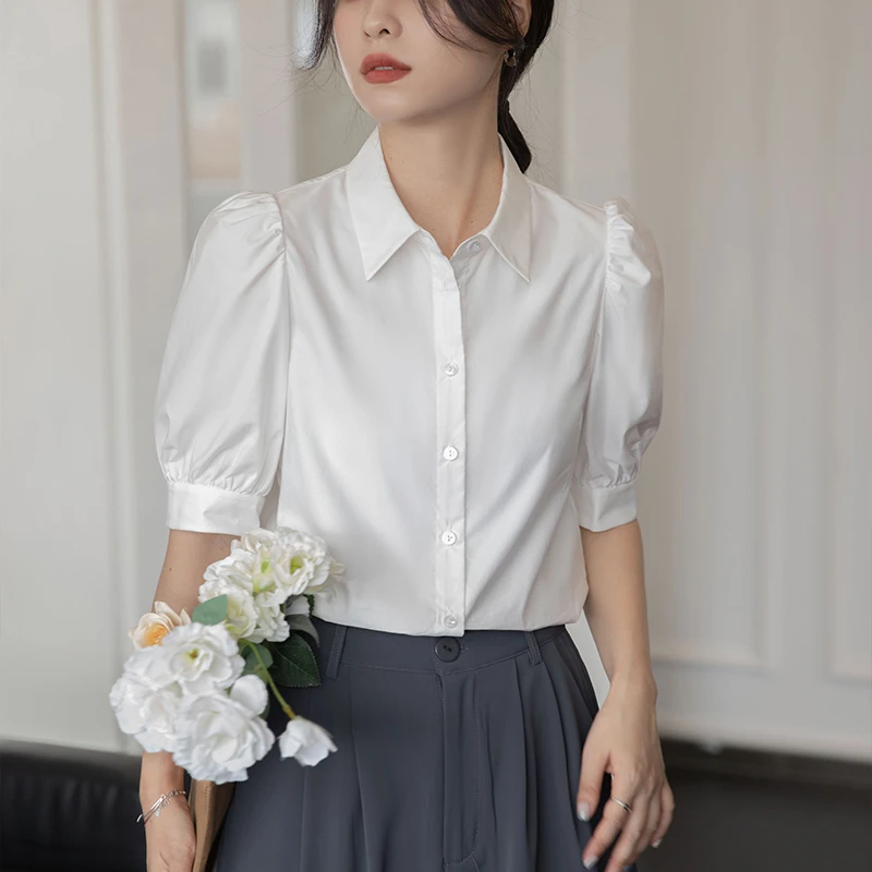 法式复古甜美灯笼袖白色短袖衬衫衬衣上衣女夏季新款女装