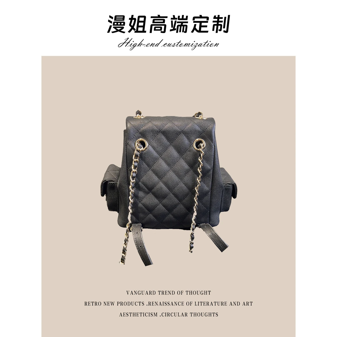 2024新款真皮女包鱼子酱双肩包牛皮轻奢单肩斜跨包时尚小香风黑色