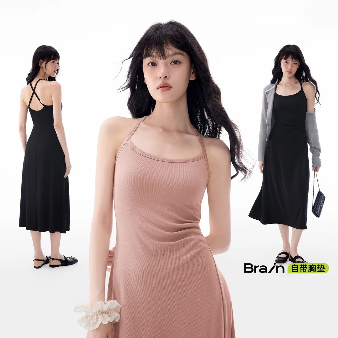 半练挂脖长裙 自带胸垫收腰显瘦纯色连衣裙DA002 DB