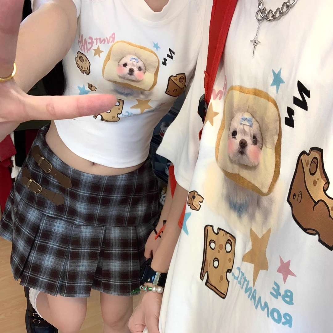 重磅硬挺纯棉短袖T恤女狗狗卡通字母印花百搭休闲夏季新款宽松ins