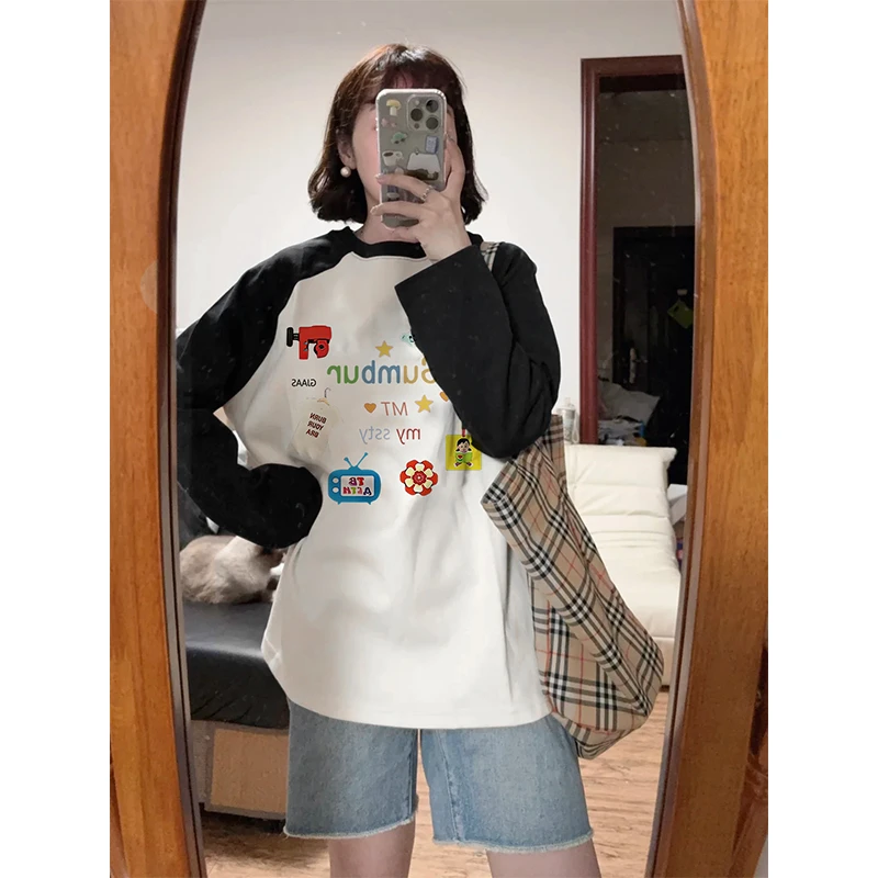 雅丹风重磅硬挺纯棉圆领长袖t恤女潮流印花宽松时尚秋冬上衣