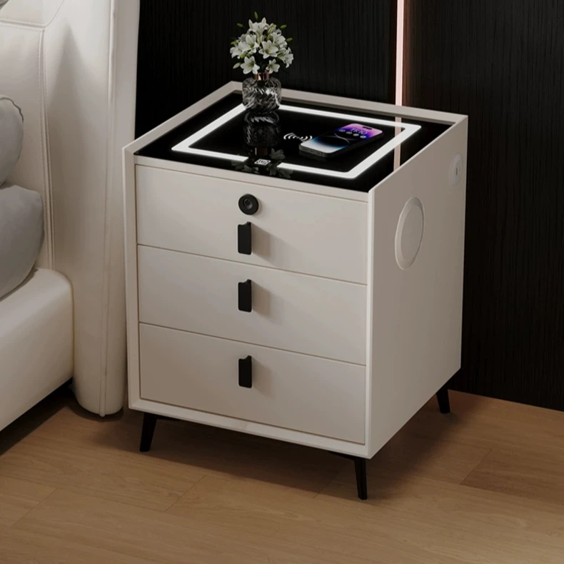 智能床头柜多功能带灯指纹锁蓝牙音响床边柜实木现代简约充电轻奢