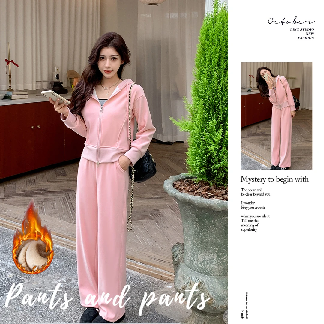 新款加绒套装休闲运动时尚减龄气质宽松显瘦连帽外套窄版阔腿q