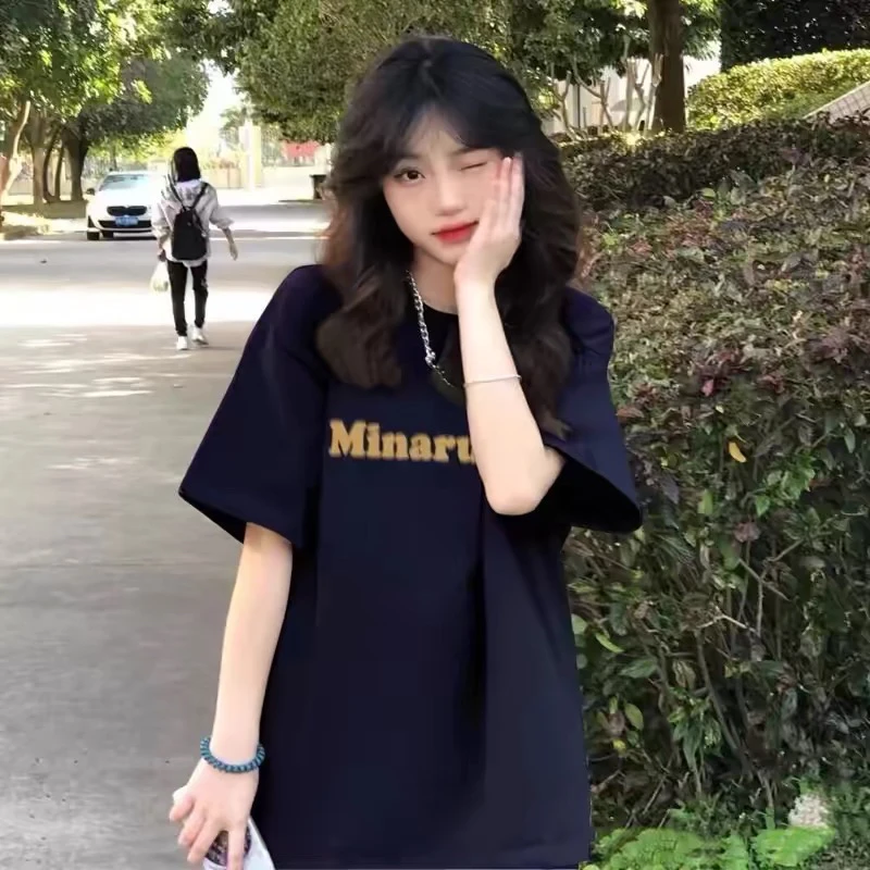 藏青色欧美式复古高街幻影字母短袖t恤女夏宽松显瘦正肩纯棉上衣