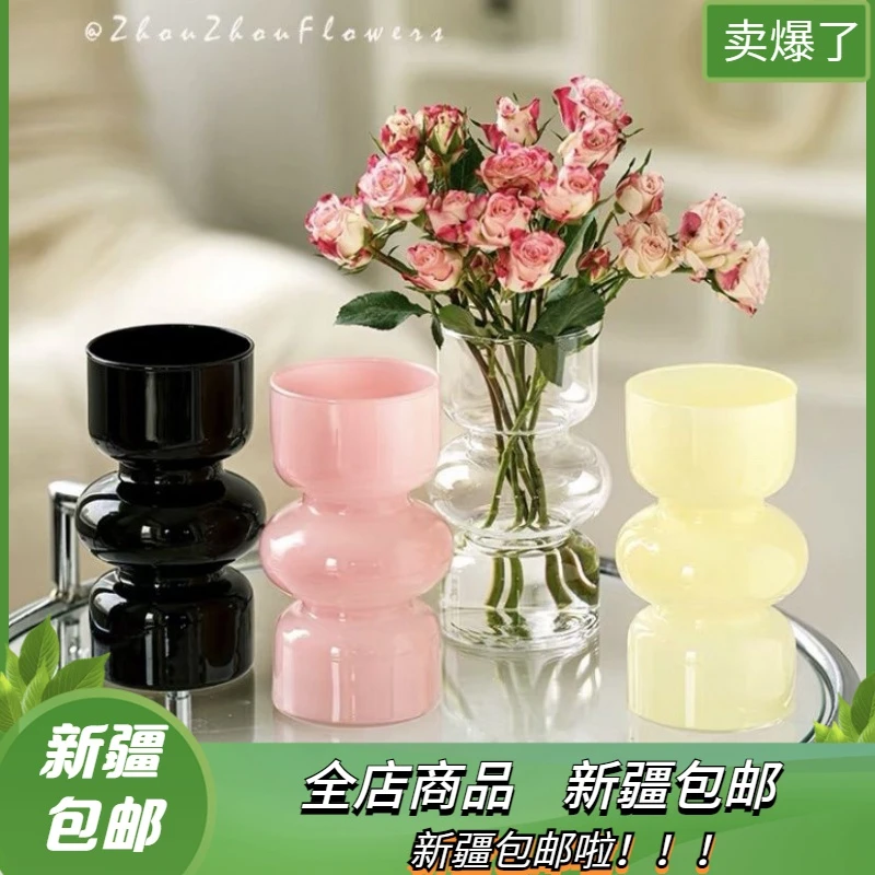 新疆包邮小众网红玻璃花瓶摆件客厅桌面ins风高颜值黑色粉色花瓶