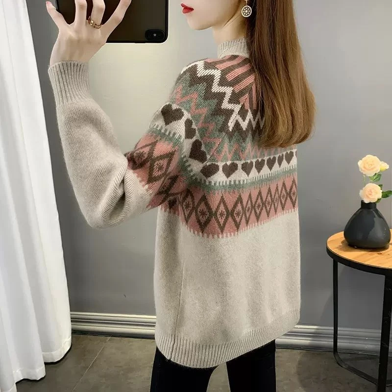 半高领洋气宽松毛衣女装2024秋冬新款提花内搭冬季加厚针织打底衫