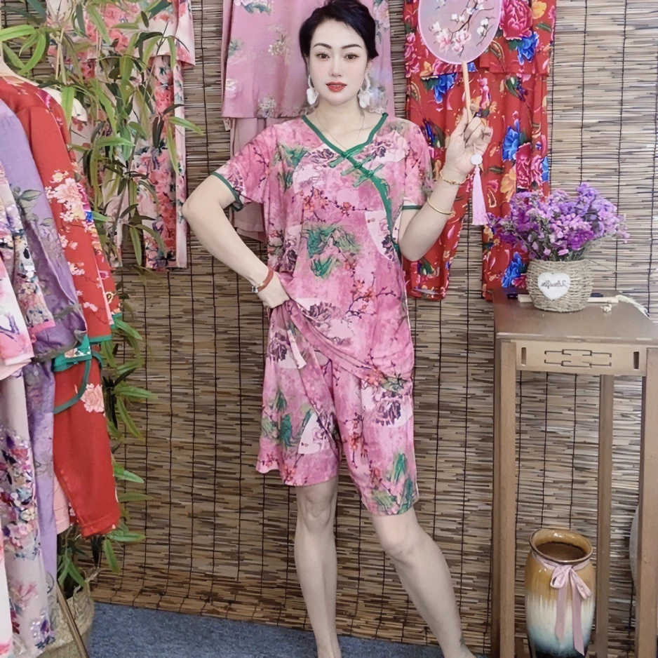 2024春夏新款冰丝网眼中国风睡衣女复古盘扣短袖短裤两件套可外穿