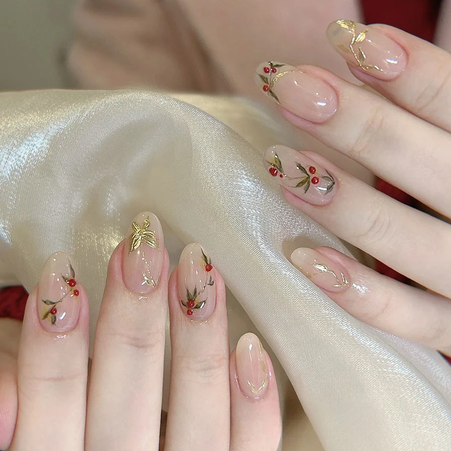 【长相思】24年新款美甲新中式国风手绘红豆手工穿戴甲中椭圆甲片