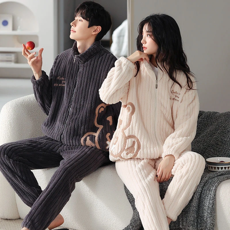 2024秋冬男士睡衣侧边熊休闲宽松加绒加厚保暖高级感痞帅男睡衣