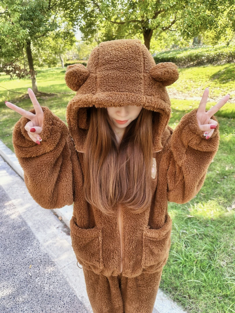 新款加绒加厚美拉德小熊连帽睡衣情侣款保暖高级舒适睡衣加厚加绒