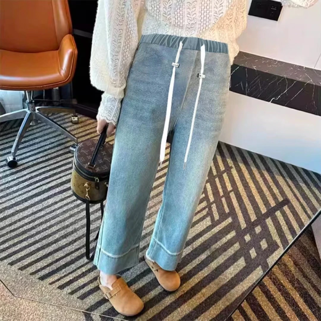 夏季孕妇抽绳超薄莱赛尔直筒牛仔裤夏季弹力九分裤宽松外穿阔腿裤