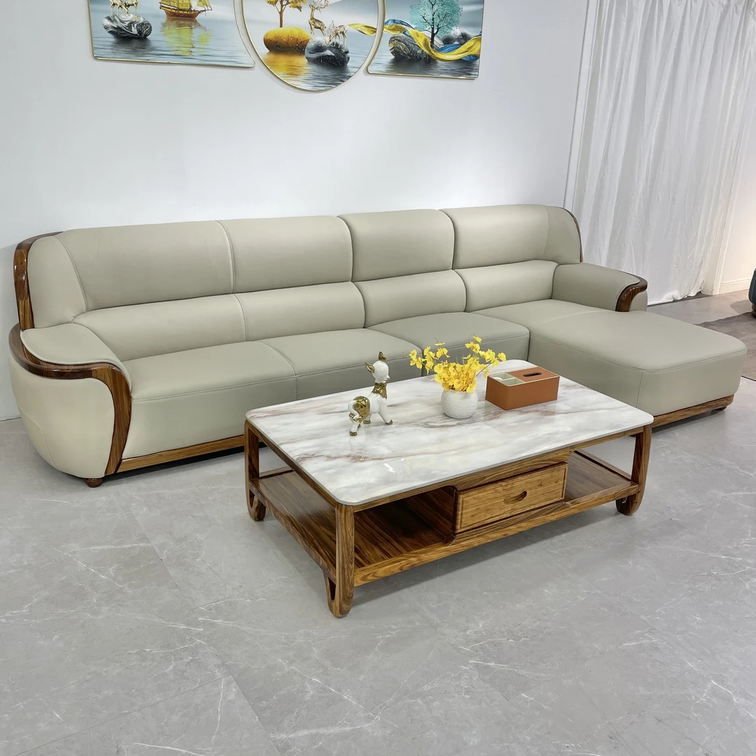 现代新中式乌金木头层牛皮沙发客厅贵妃带底框组合360-100-90-180