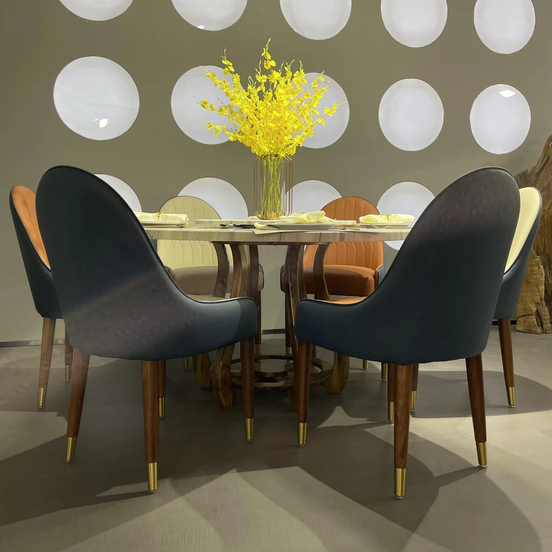 滕王格乌金木大理石奢华圆台餐桌实木圆形餐桌椅组合130转70-高73