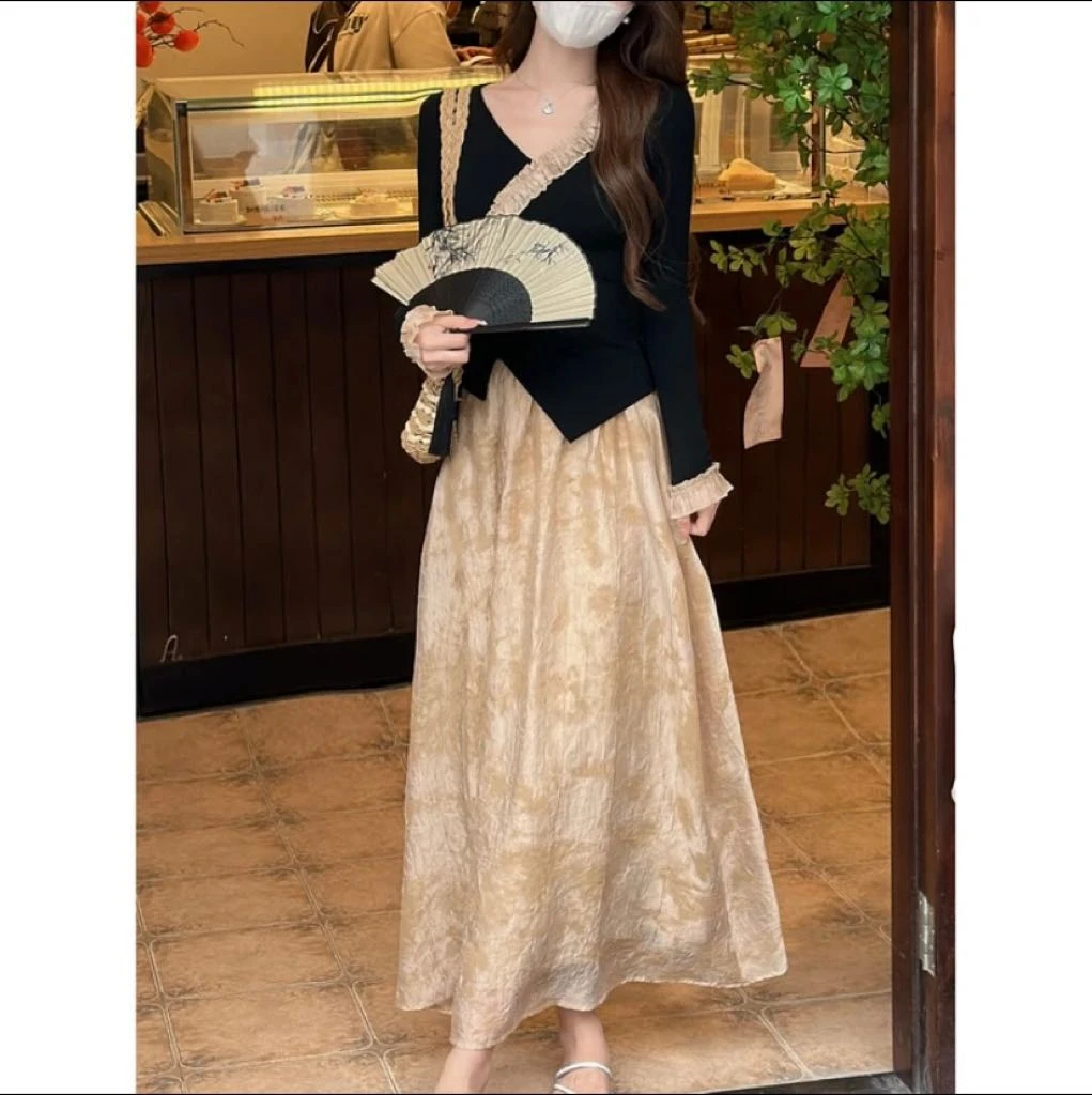 【暮光倾城】新中式国风V领花边上衣 高腰扎染半身裙5330#0.1