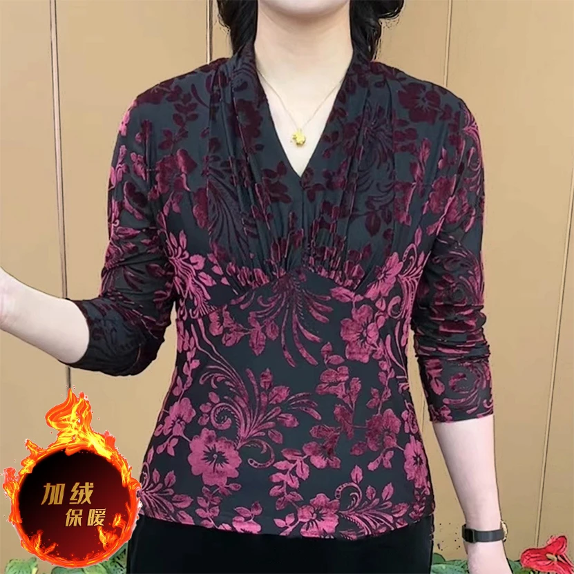 妈妈装新款秋冬加绒保暖时尚洋气上衣玫瑰印花30-40岁女人打底衫