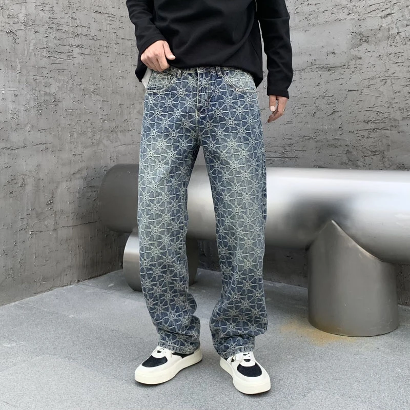 美式高街秋冬新款提花满印潮牌宽松直筒蓝色水洗休闲牛仔裤