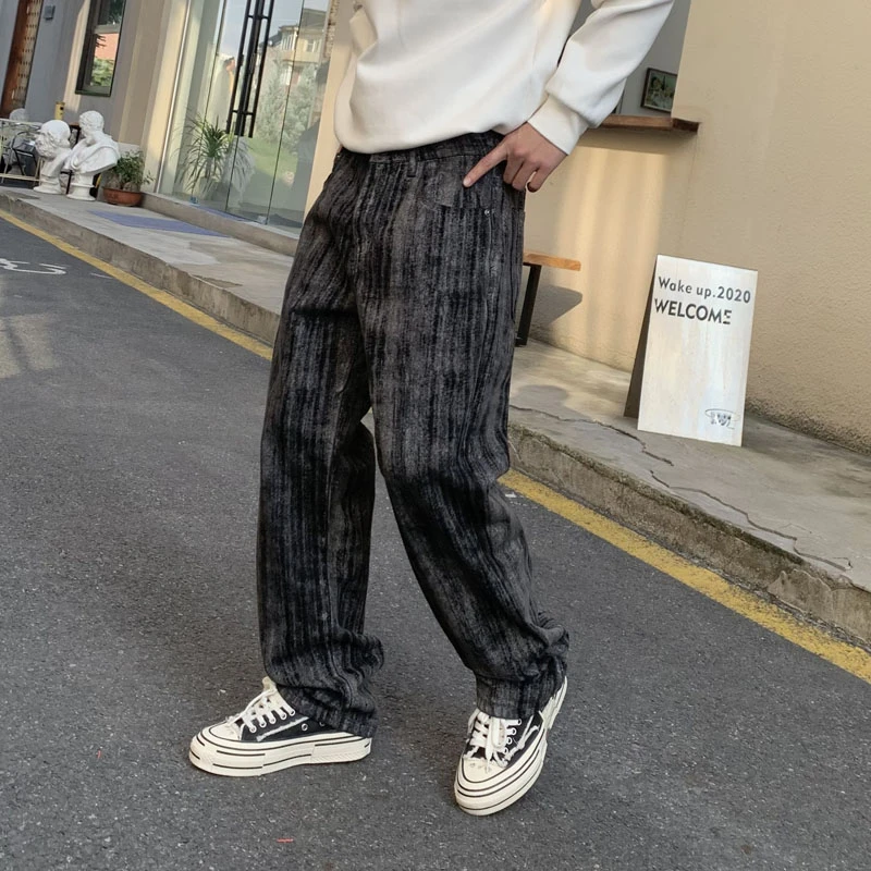 水墨扎染水洗牛仔裤男款秋冬2024新款直筒宽松慵懒风垂感阔腿裤子