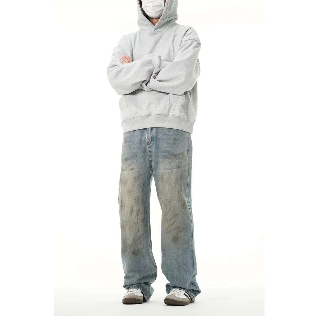 美式复古dirty fit做旧泼墨涂鸦牛仔裤高街vibe风阔腿直筒裤子