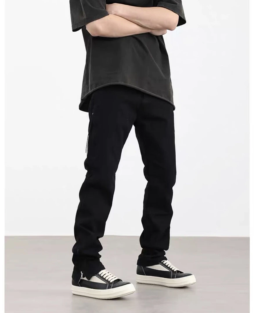 icd美式高街复古洗水做旧拉链开叉修身牛仔裤vibe男女同款