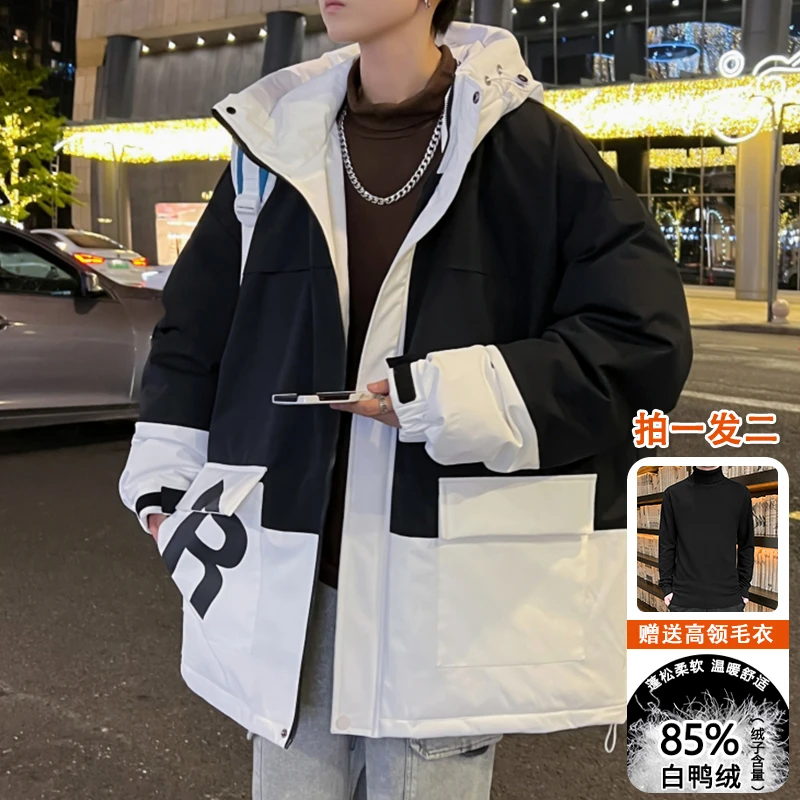 冬季男士连帽羽绒服青少年潮牌情侣宽松百搭加厚保暖男生外套男装