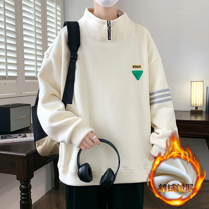 冬季青少年男士奥粒绒卫衣潮牌百搭加绒加厚保暖打底衫半高领上衣