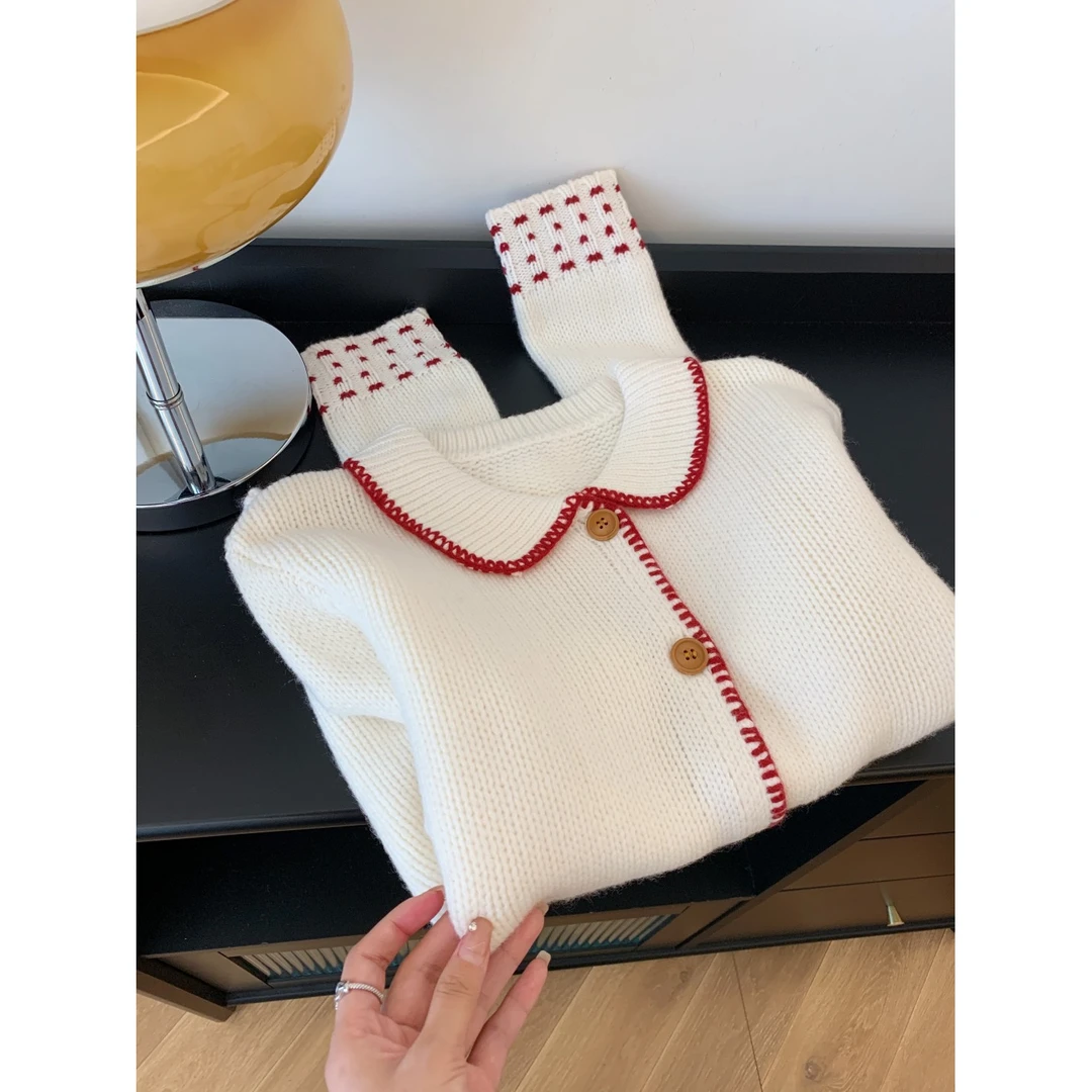 红白撞色毛衣显白洋气秋冬新款软糯慵懒风韩系针织开衫上衣女装