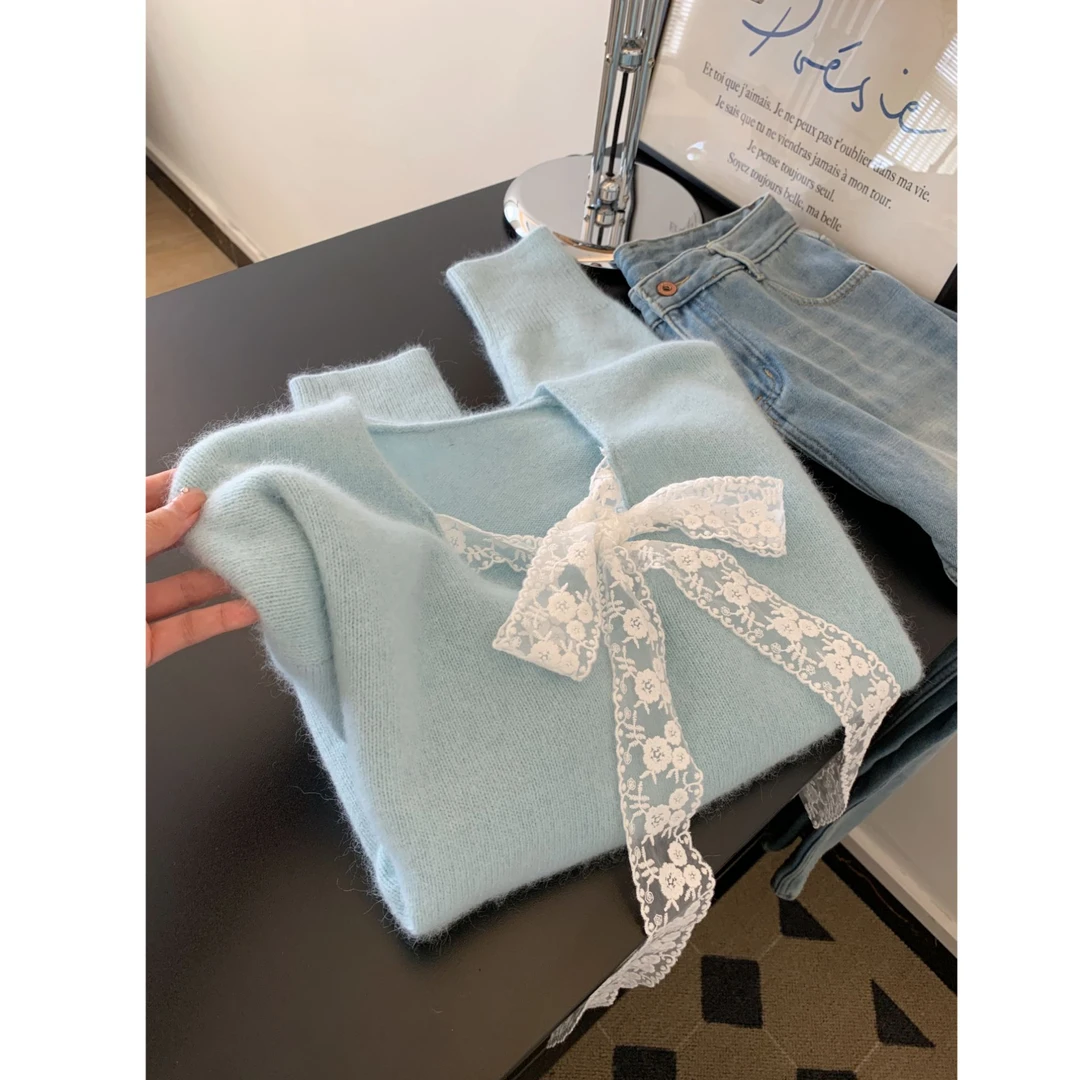 软奶蓝蕾丝系带蝴蝶结毛衣女秋冬新款2024宽松慵懒风软糯糯针织衫