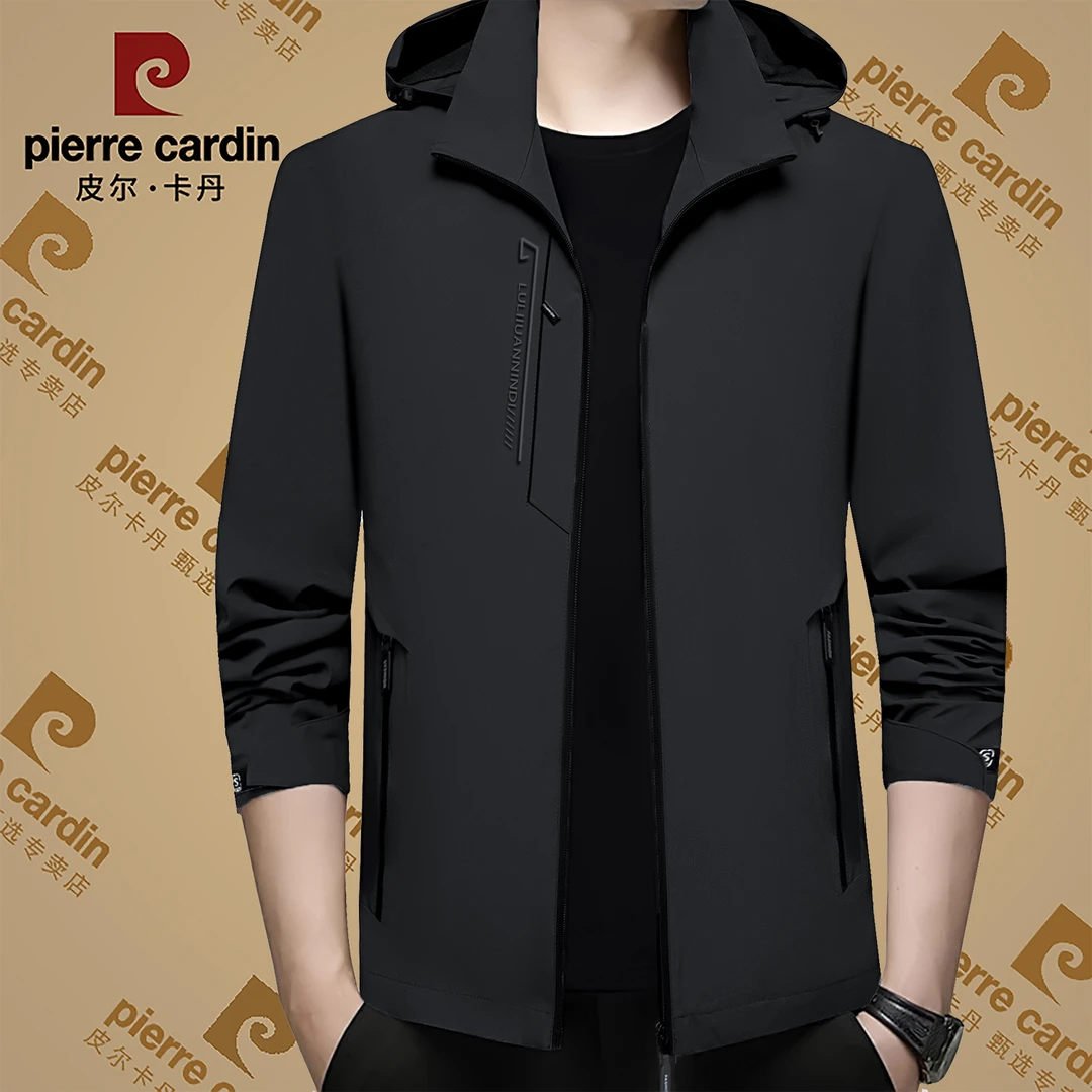 皮尔卡丹秋季新款高档男士连帽夹克外套休闲中年修身外出风衣男装