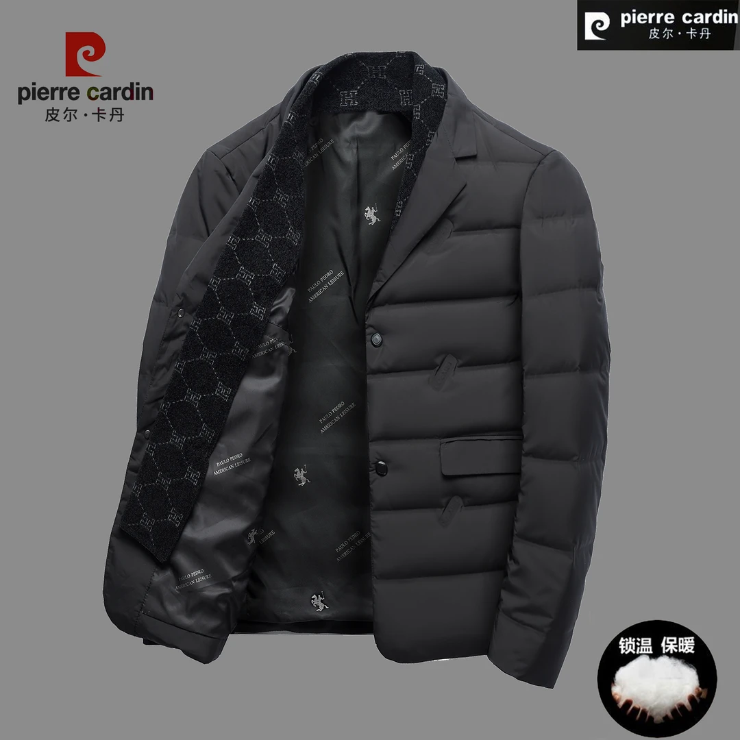 皮尔卡丹冬季新款高档男士围巾西装领棉服中年商务保暖棉衣西装男