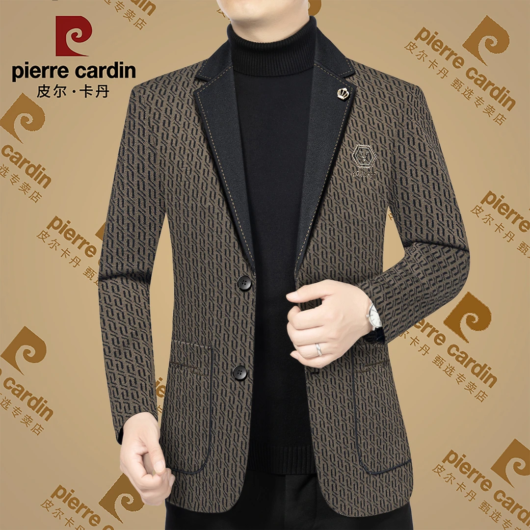 皮尔卡丹2024秋冬季爆款高档男士碎花轻奢西装中年修身时尚西服男